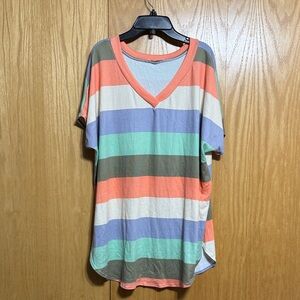 Bombom V- Neck Short Sleeve Striped Tee in Coral, Mint & Lavender